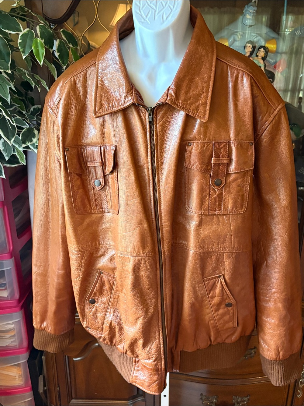 Vtg Solo NY Leatherwear Orangeish Brown Leather Jacket Coat Bomber Aviator 5XL